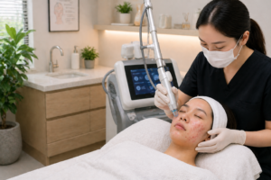 Patient receiving professional acne treatment at a modern aesthetic clinic to improve skin condition