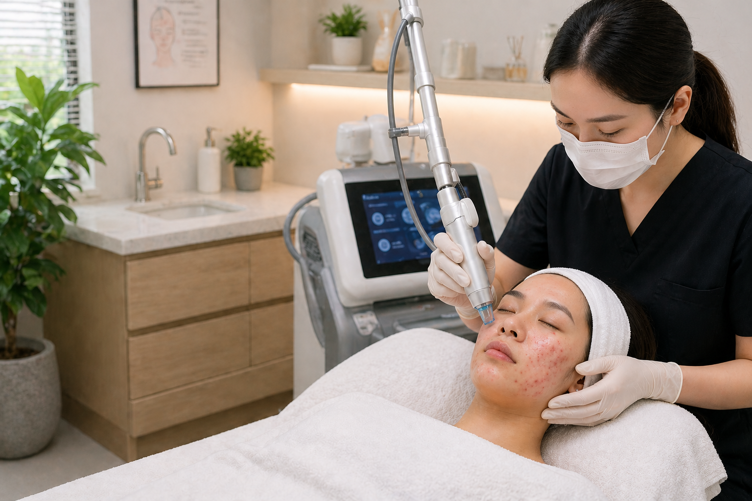 Patient receiving professional acne treatment at a modern aesthetic clinic to improve skin condition